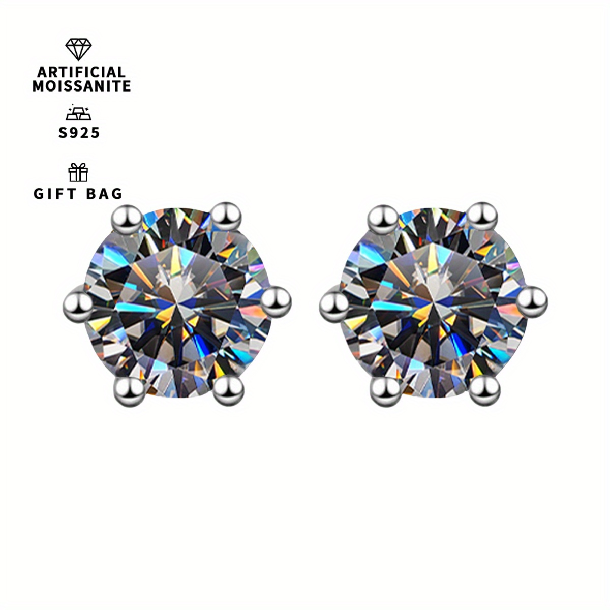 Women's S925 Sterling Silver Six Claws Gray Moissanite Round Earrings